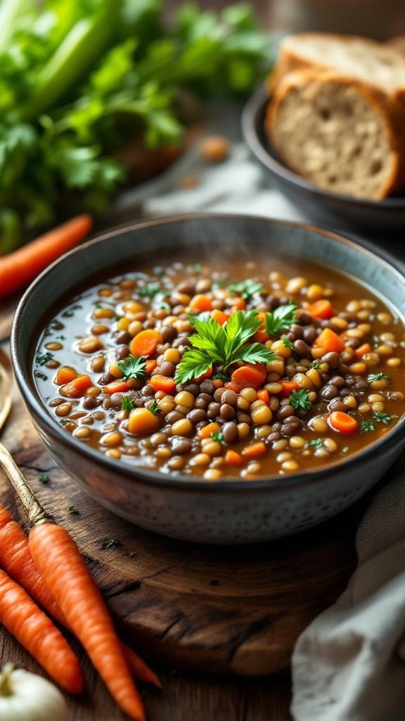A bowl of hearty lentil soup with carrots and herbs, surrounded by fresh vegetables.