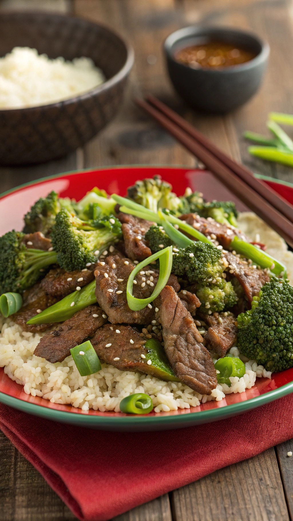 A colorful plate of beef and broccoli stir-fry with sesame seeds and green onions.