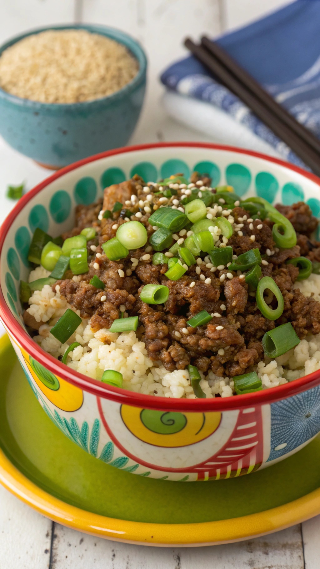 A colorful bowl of ground beef and cauliflower rice topped with green onions and sesame seeds.