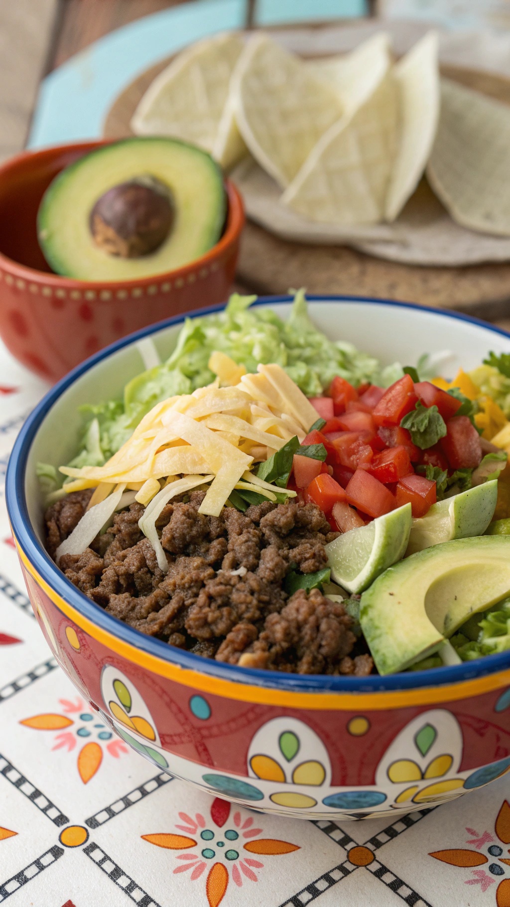 A colorful bowl filled with ground beef, lettuce, tomatoes, cheese, and avocado, with taco shells on the side.