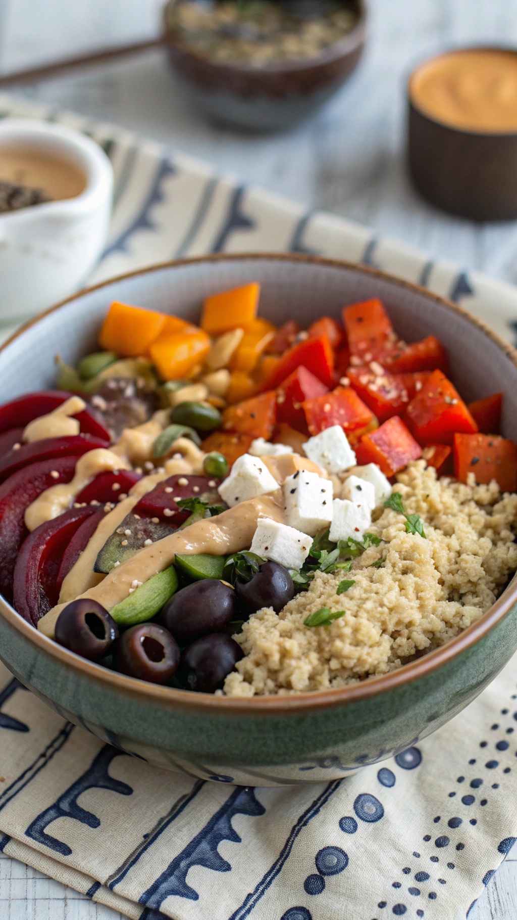 A colorful Mediterranean quinoa bowl with vegetables, feta cheese, and tahini dressing.