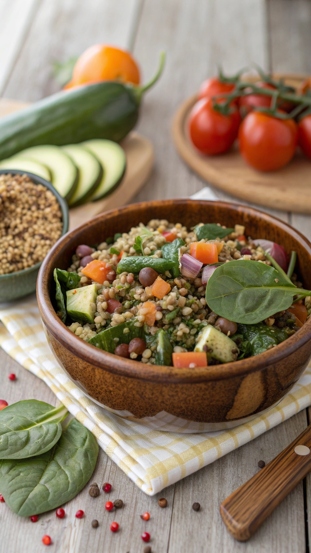 A hearty quinoa salad with lentils and spinach, featuring fresh vegetables like tomatoes and cucumbers.