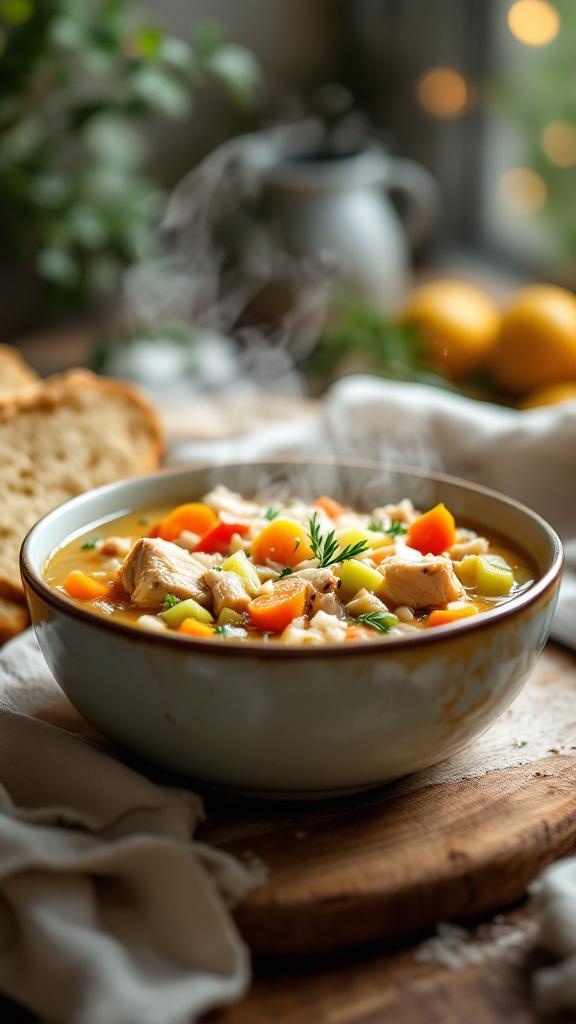 Bowl of hearty rotisserie chicken and rice soup with colorful vegetables and herbs