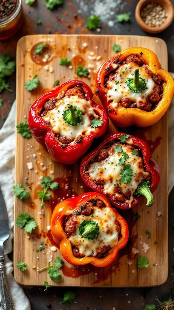 Hearty sausage-stuffed bell peppers on a wooden board, garnished with cilantro