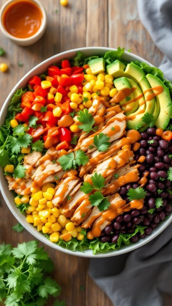 A colorful Southwest chicken salad with black beans, corn, red bell peppers, avocado, and cilantro, drizzled with dressing.