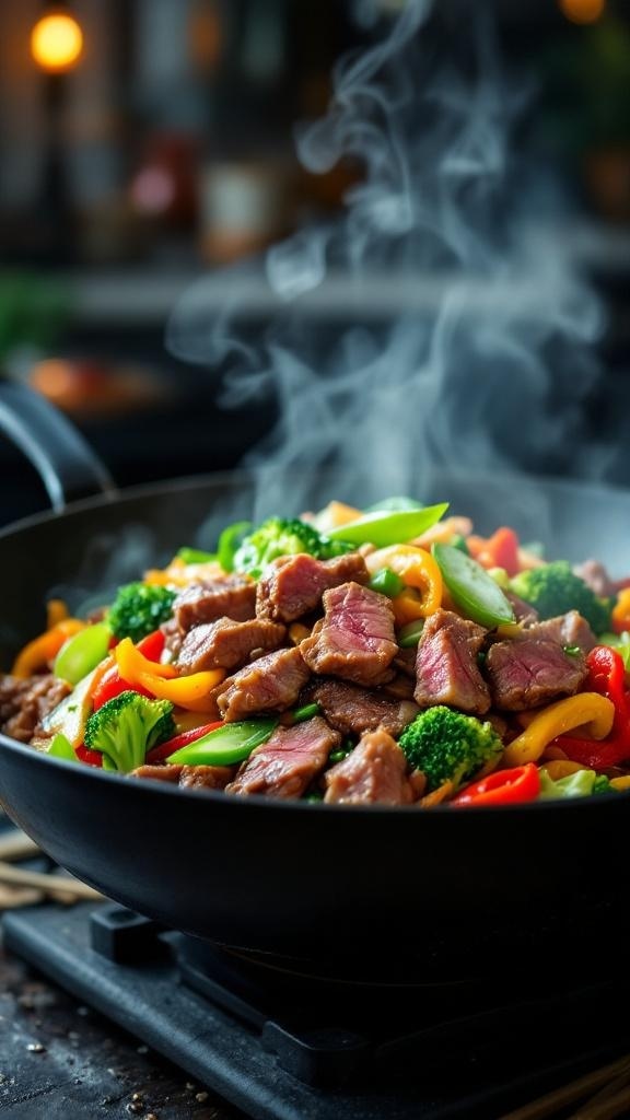 A delicious stir-fry with steak and colorful vegetables in a wok.