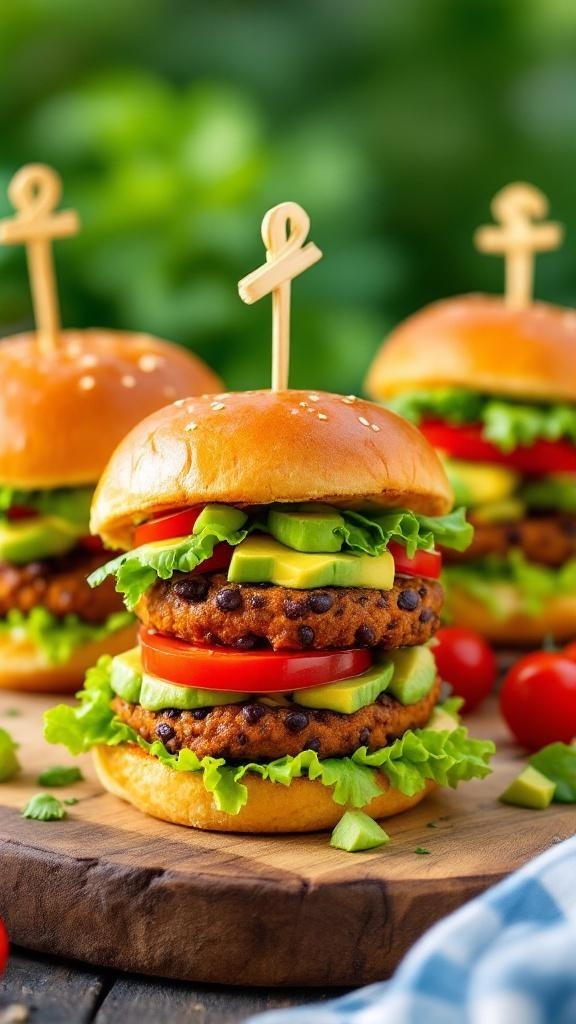 Three hearty sweet potato and black bean sliders stacked with fresh vegetables.