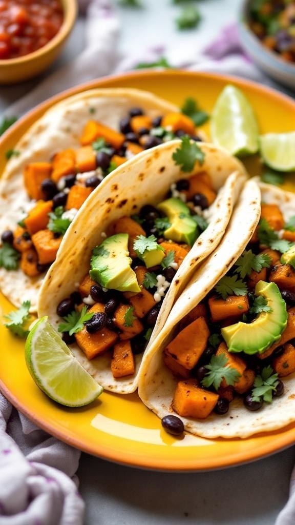 Three hearty sweet potato and black bean tacos topped with avocado and cilantro, served with lime wedges.