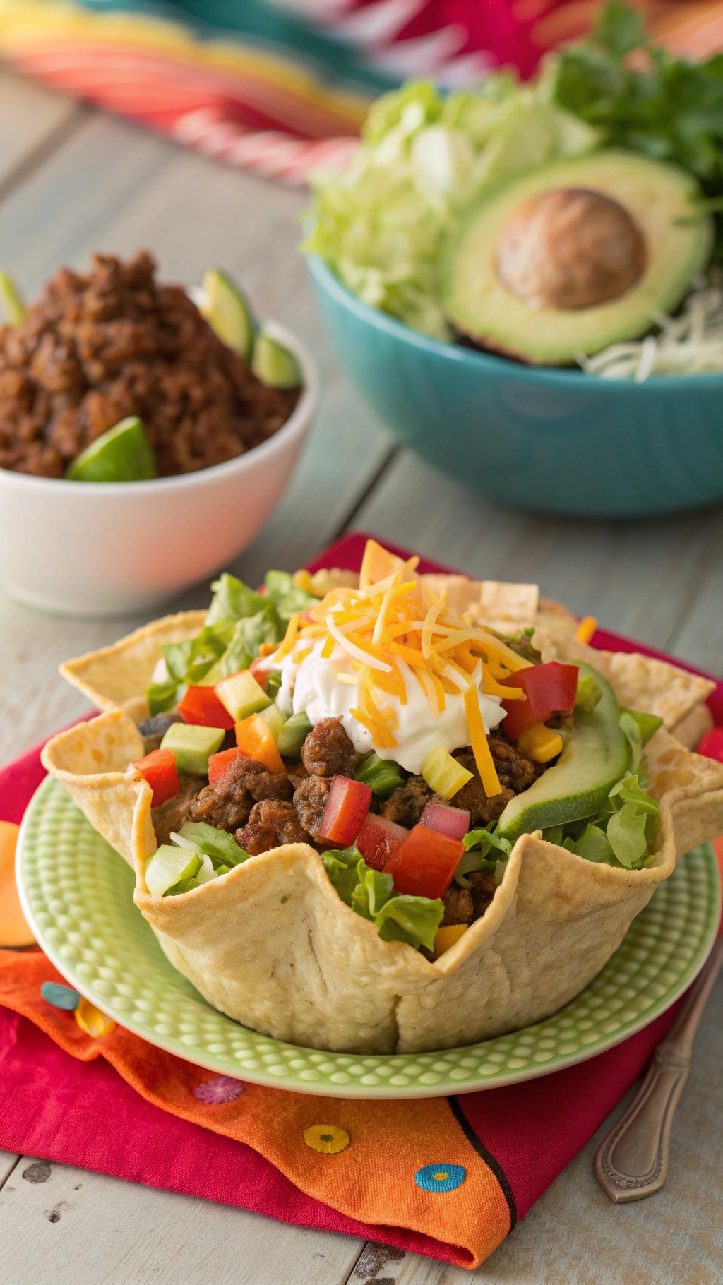 A colorful taco salad served in a crispy tortilla bowl with various toppings.