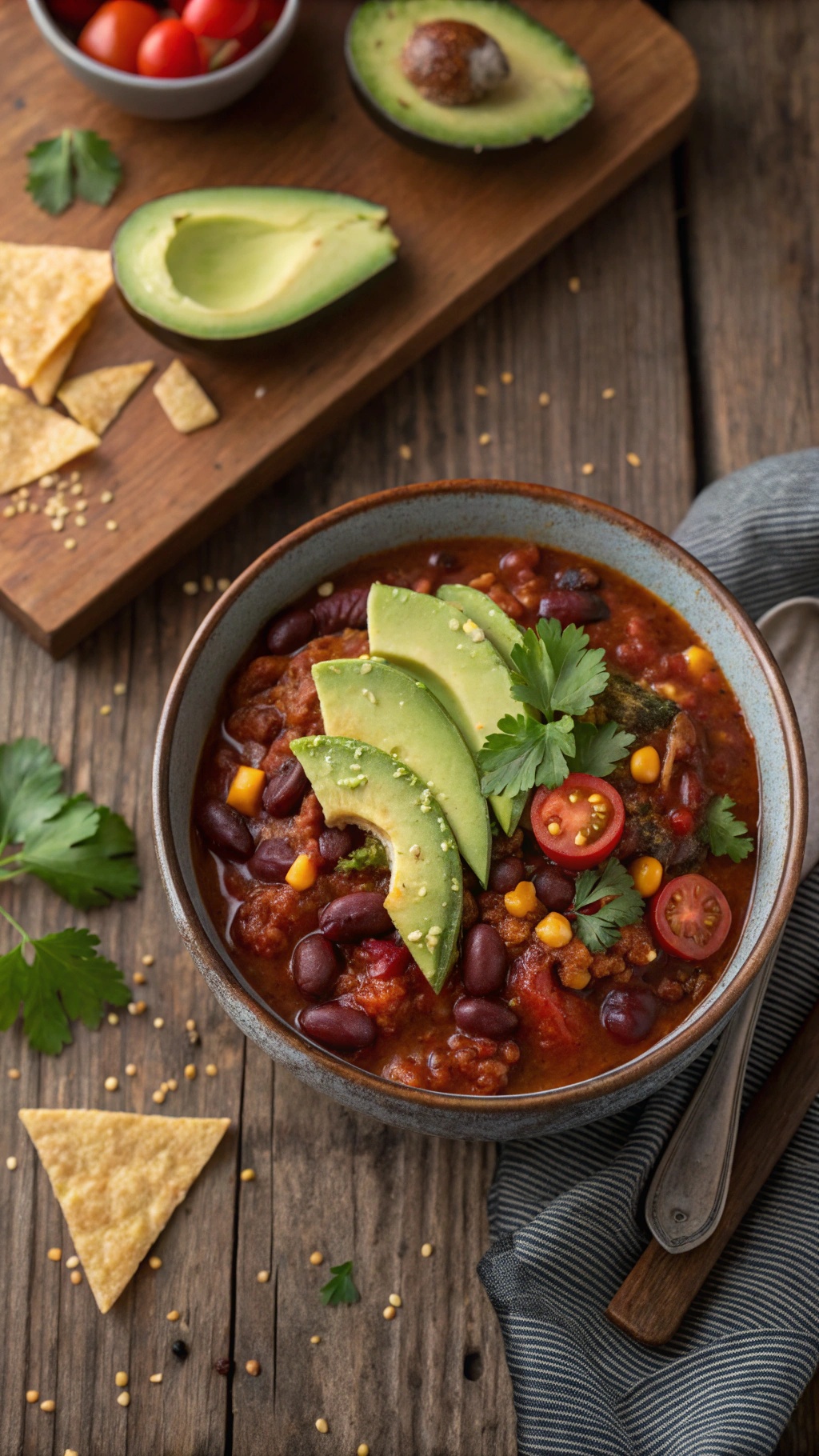 A bowl of hearty vegan chili topped with avocado slices and fresh herbs, surrounded by tortilla chips and cherry tomatoes.