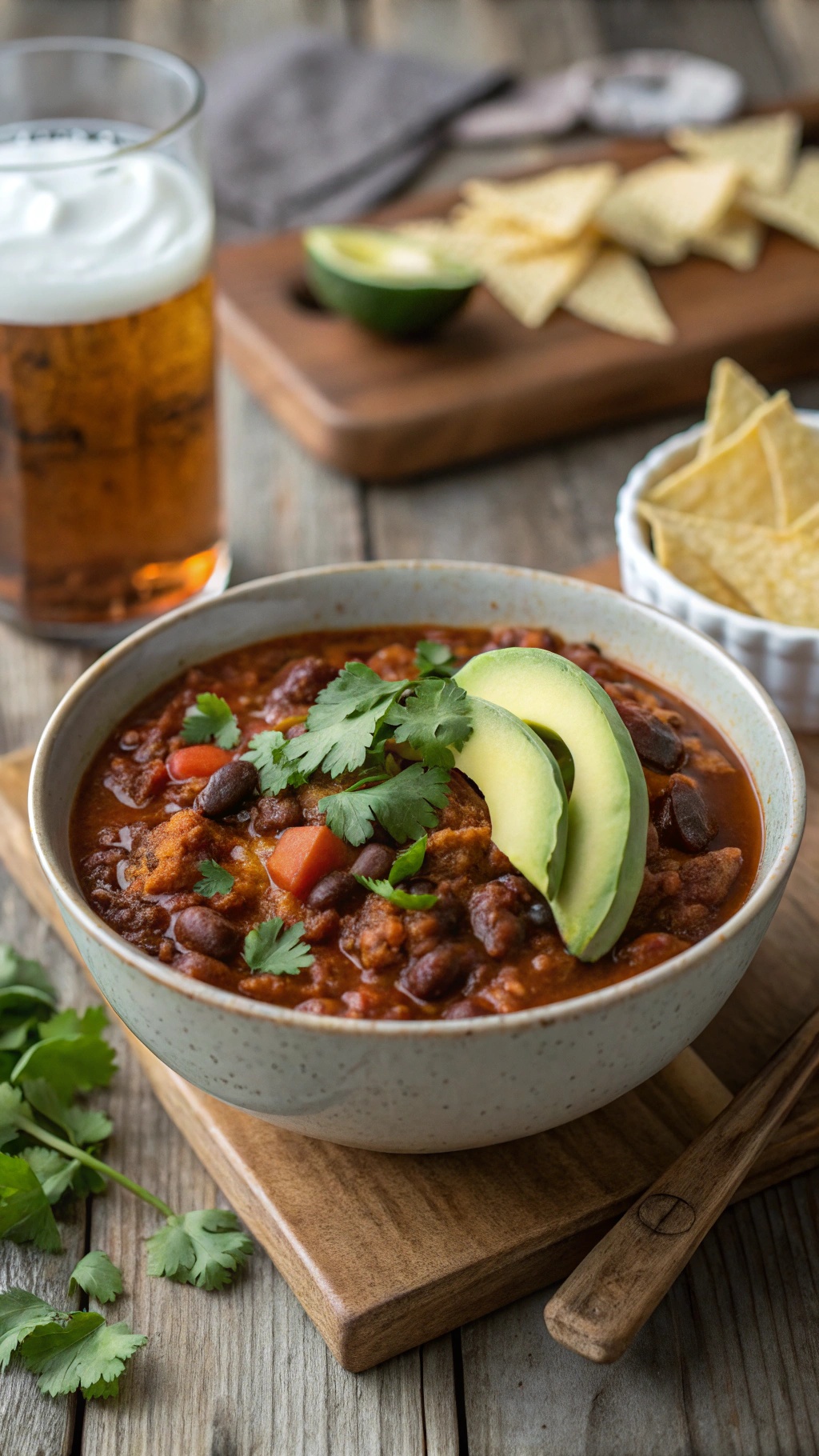 A bowl of hearty vegetable and bean chili topped with avocado and cilantro, served with tortilla chips.