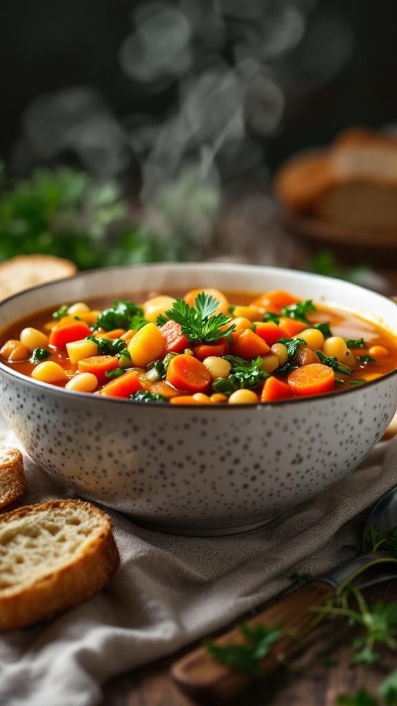 A bowl of hearty vegetable soup with colorful vegetables and herbs, served with slices of bread.