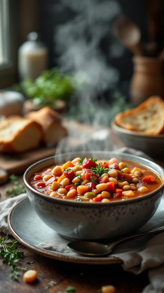 A steaming bowl of hearty vegetable soup with beans, garnished with parsley, and served with crusty bread.