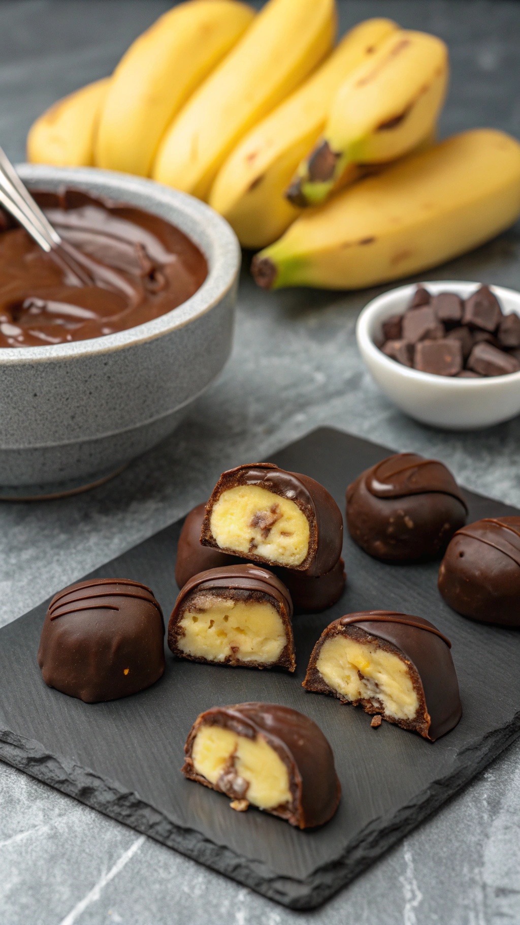 Chocolate-covered banana bites arranged on a slate board with bananas and chocolate in the background.