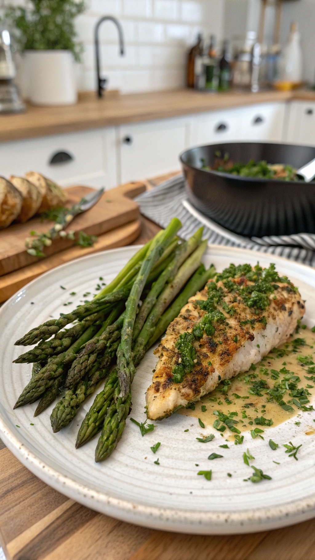 A plate of herb-crusted chicken with asparagus, garnished with fresh herbs.
