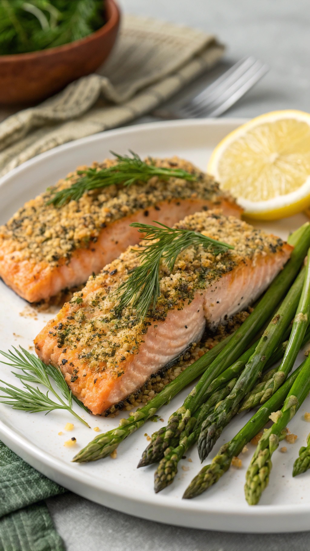 Herb-crusted salmon fillets with asparagus on a plate, garnished with lemon slices.