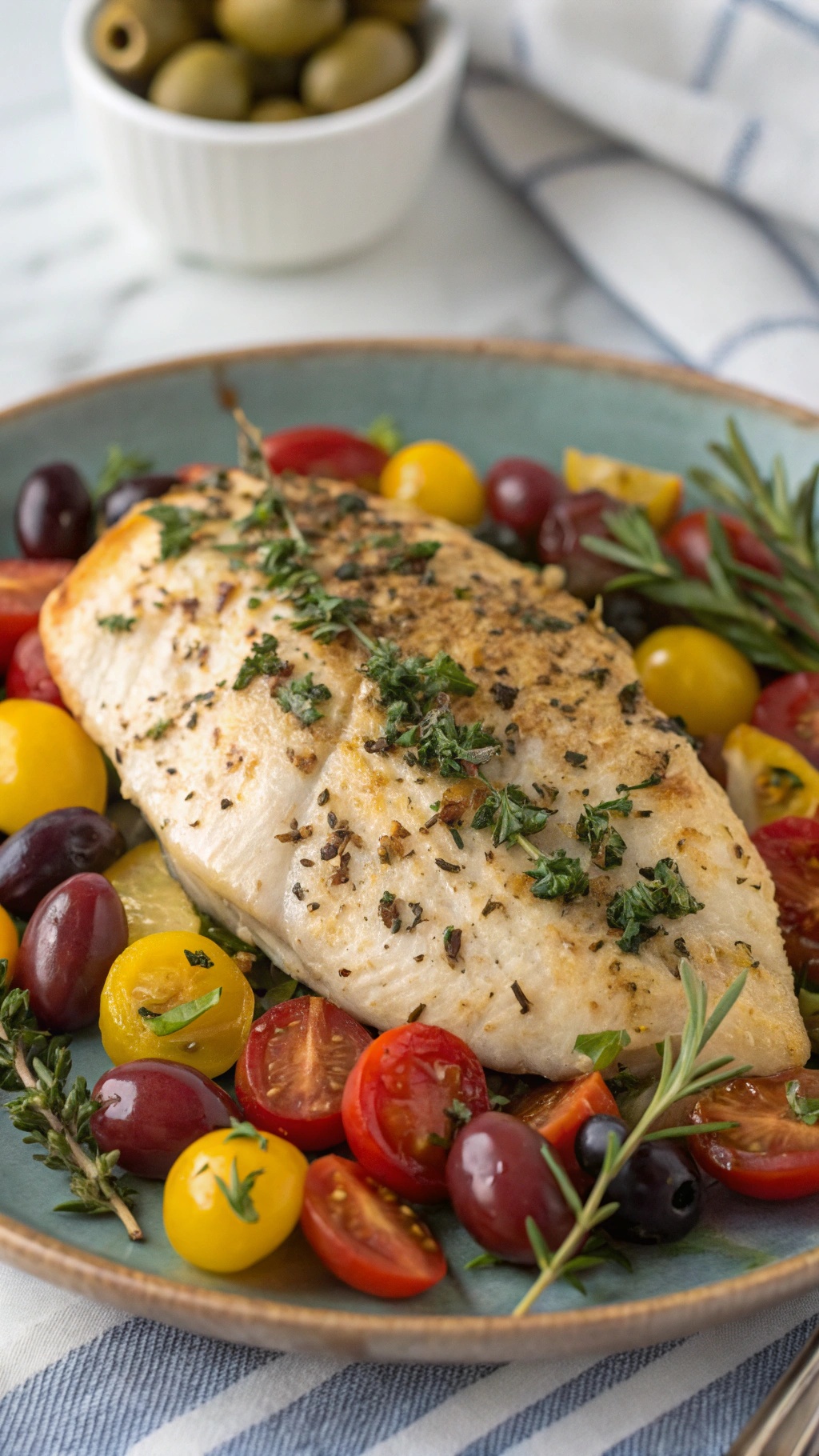 Herb-infused Mediterranean chicken breast served with colorful cherry tomatoes and olives