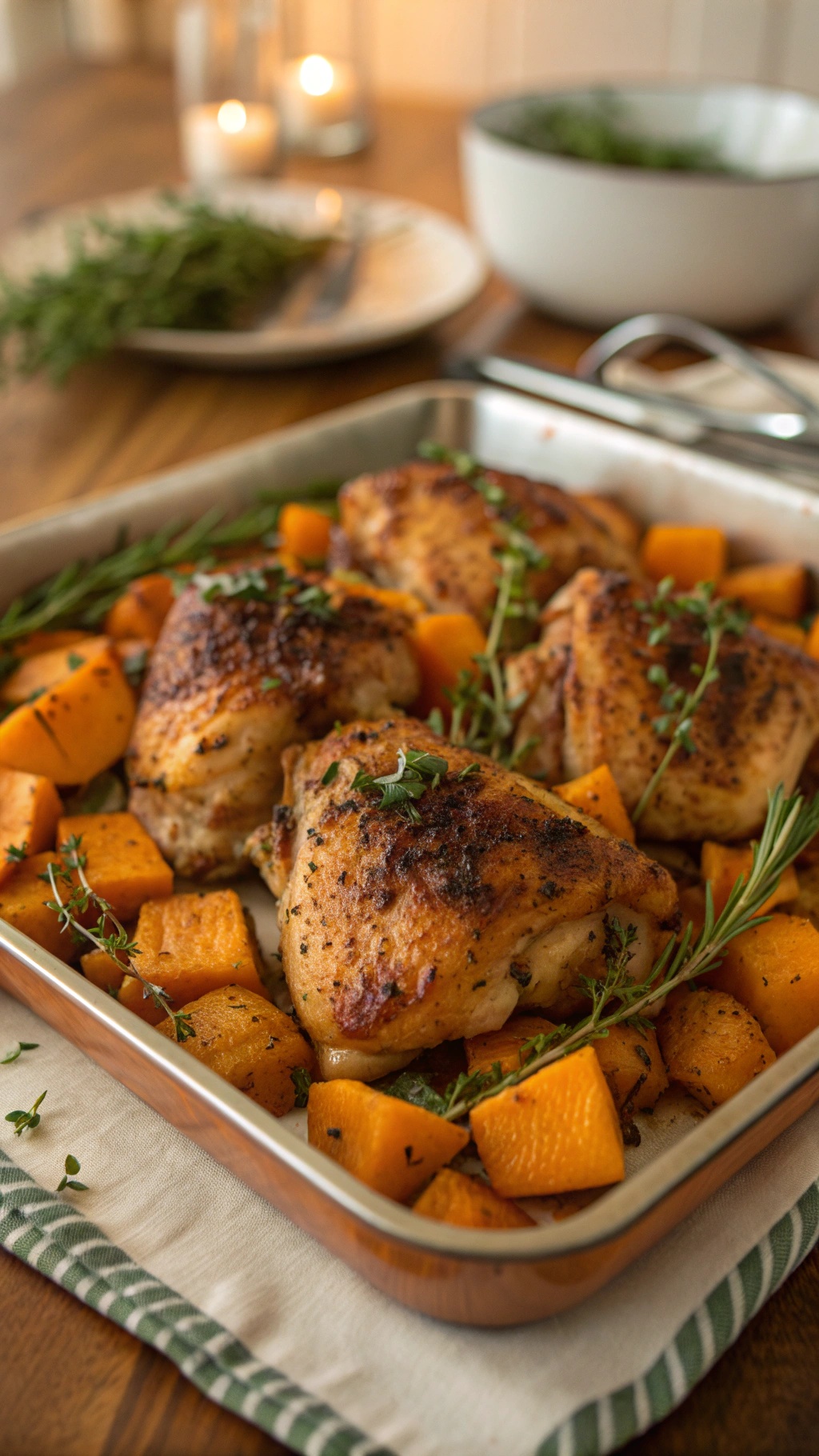 Herb-roasted chicken thighs with sweet potatoes and fresh herbs
