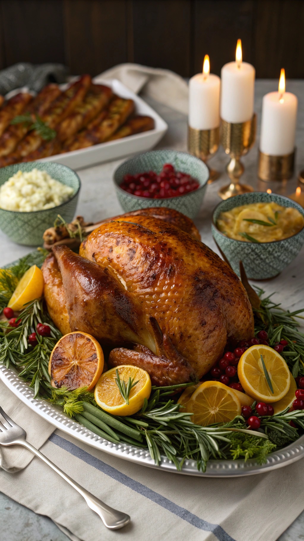 A beautifully roasted herb turkey garnished with lemon, orange, and fresh herbs, surrounded by side dishes and candles.