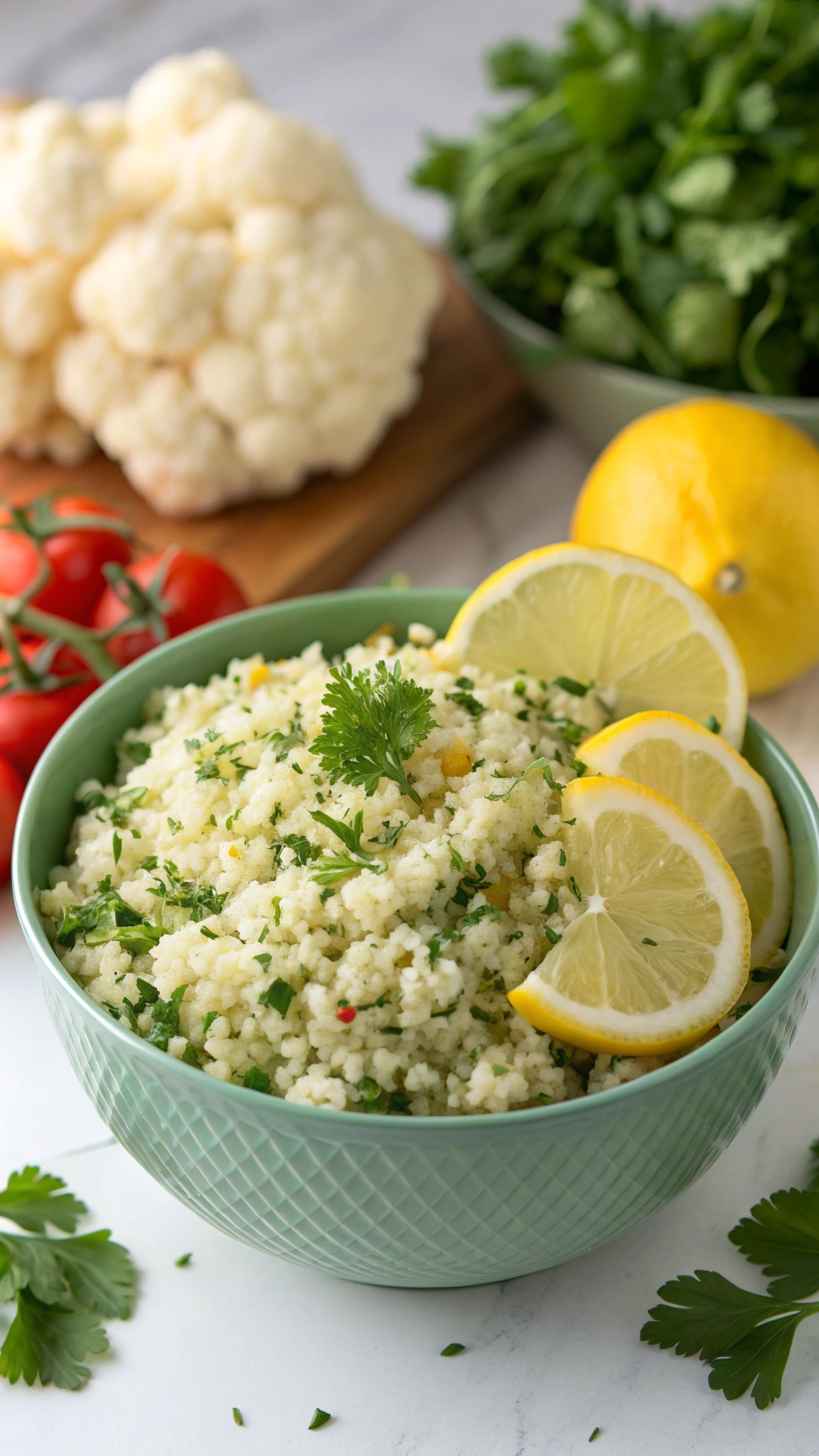 A bowl of herbed cauliflower rice with lemon slices and parsley, with fresh ingredients in the background.