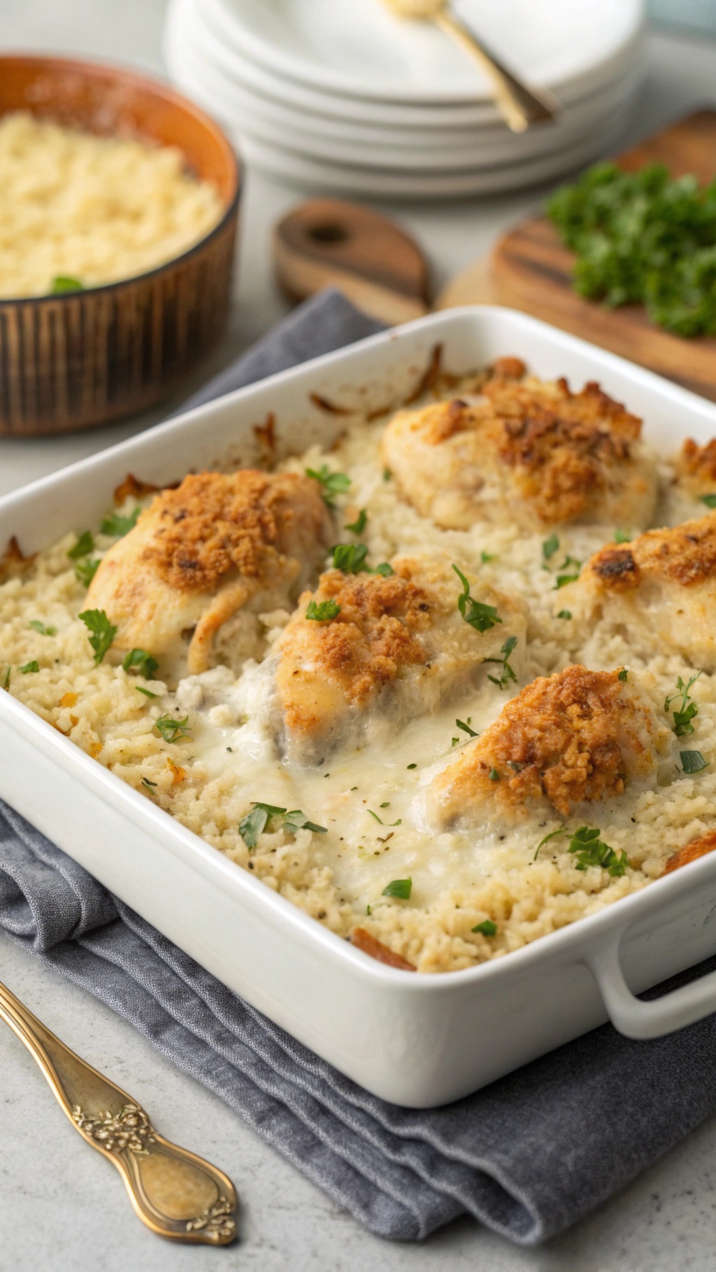 A delicious Herbed Chicken and Rice Casserole served in a white dish, garnished with herbs.