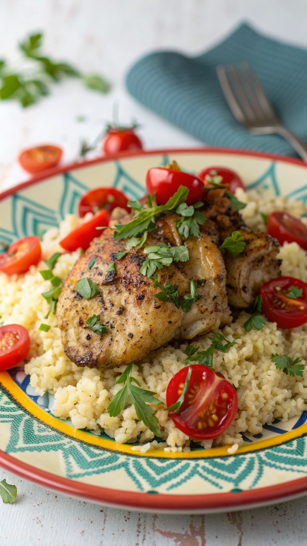 Herbed chicken thighs served over cauliflower rice with cherry tomatoes and fresh herbs.