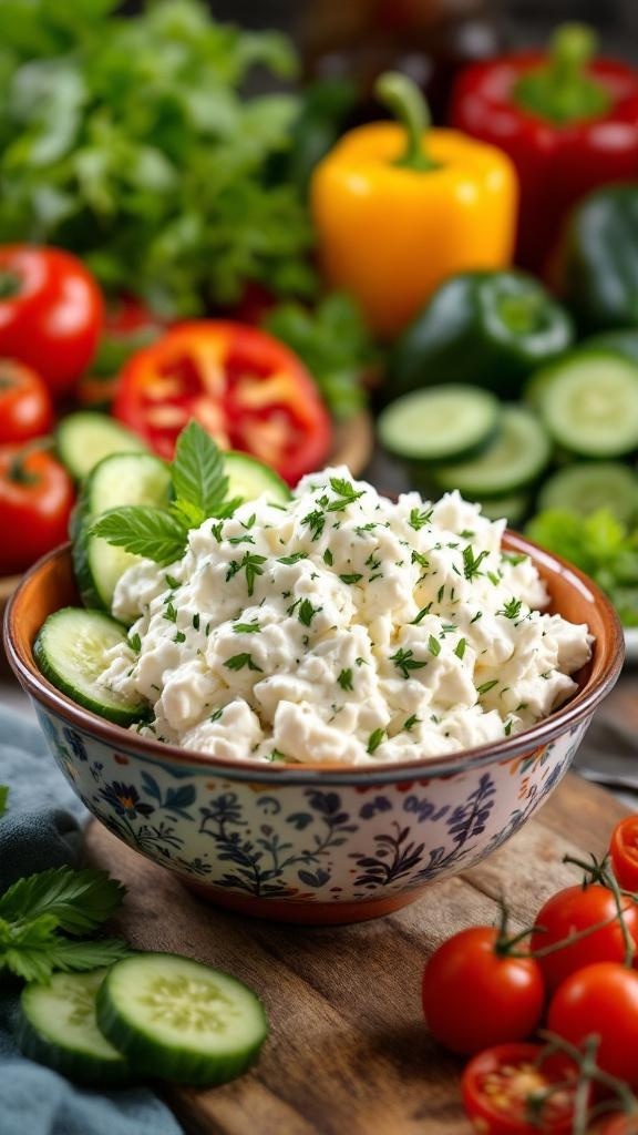 A bowl of herbed cottage cheese surrounded by fresh vegetables like tomatoes, cucumbers, and bell peppers.