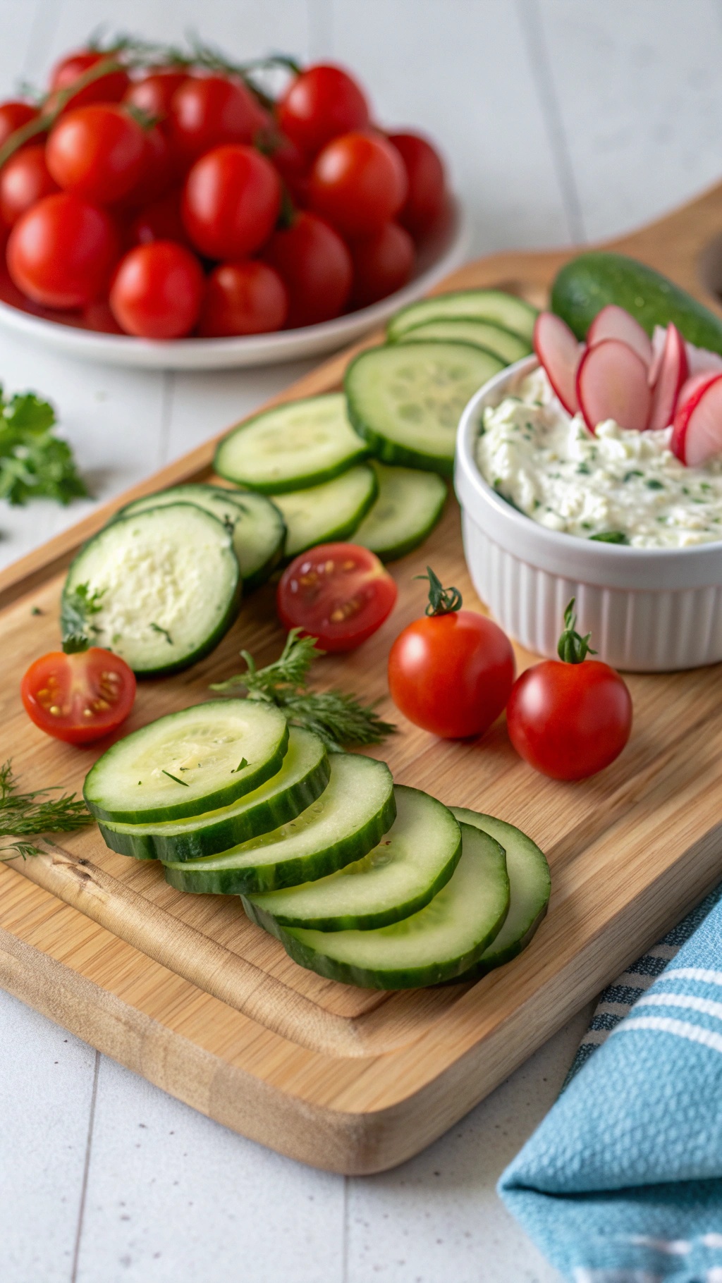 A wooden board with sliced cucumbers, cherry tomatoes, and a bowl of herbed cream cheese.