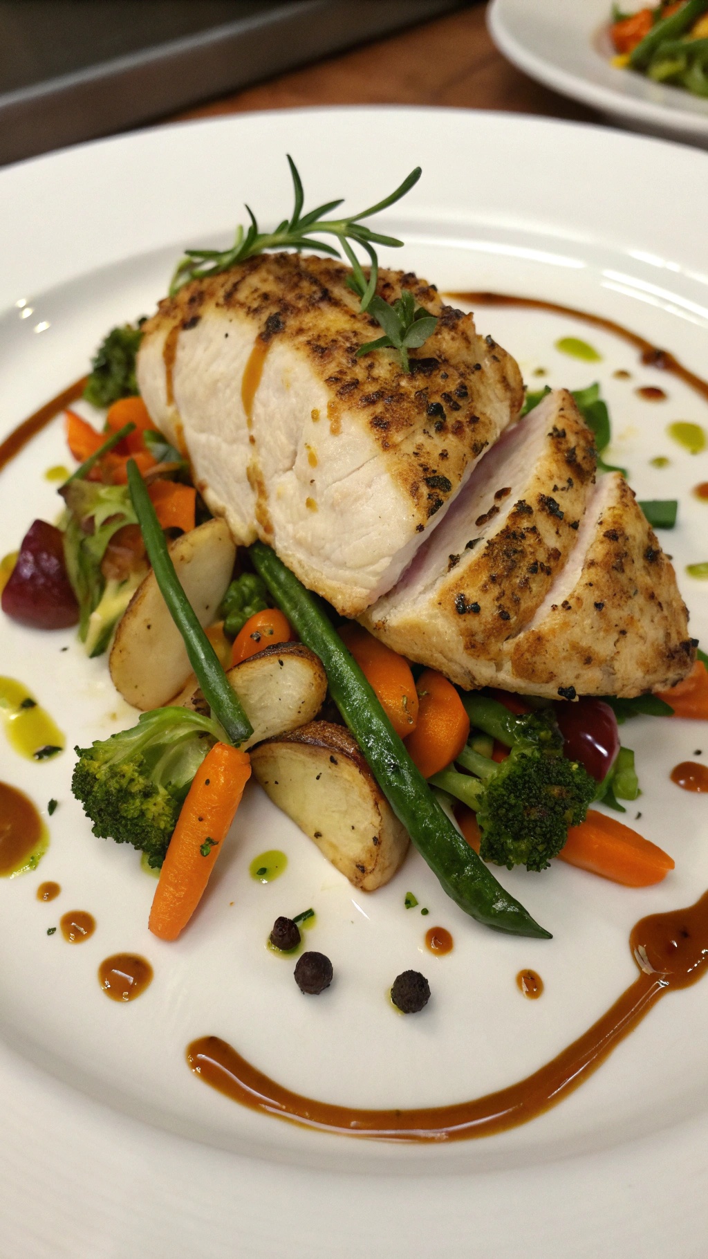 A beautifully plated Herbed Dijon Chicken breast with colorful vegetables.