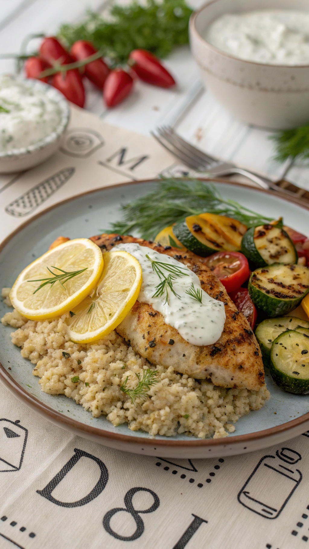 A plate of Herbed Greek Yogurt Chicken with couscous and grilled vegetables, garnished with lemon slices.