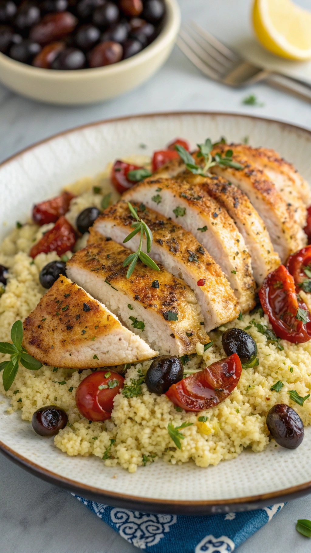 Herbed Mediterranean chicken breasts served on couscous with cherry tomatoes and olives