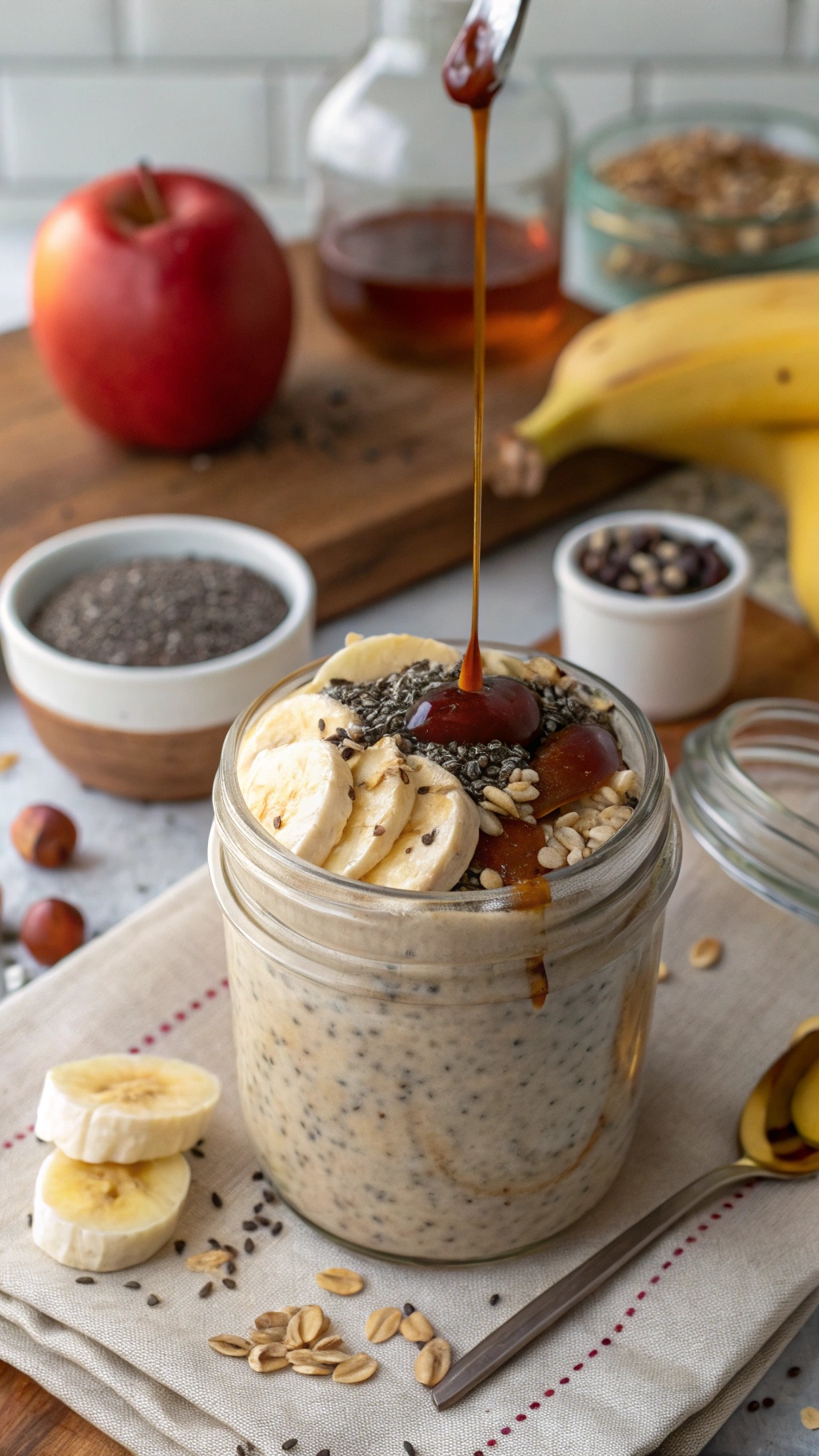 A jar of high-protein overnight oats topped with banana slices and chia seeds, with ingredients in the background.