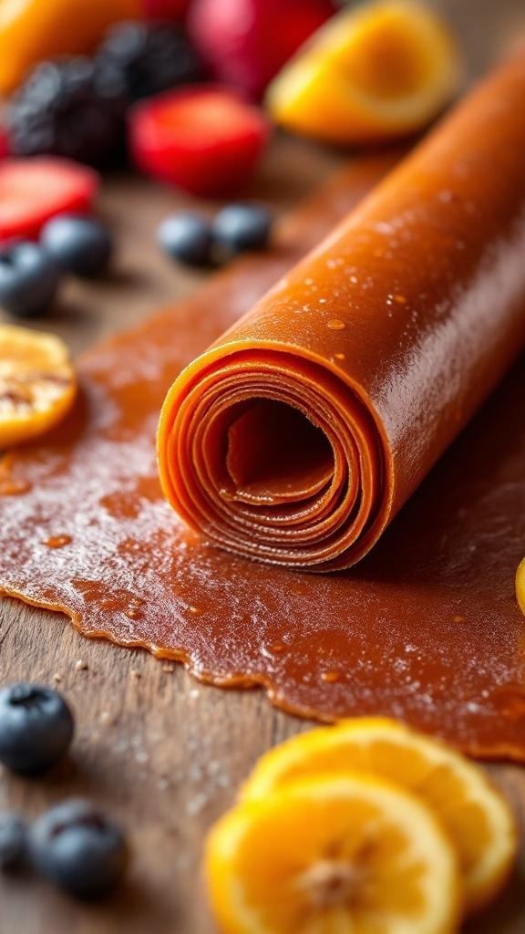 A rolled piece of homemade fruit leather surrounded by fresh fruit slices.