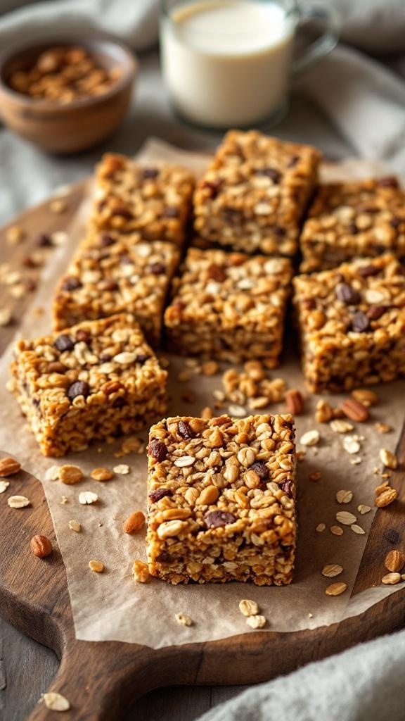 Homemade granola bars cut into squares on a wooden board, with a glass of milk and nuts in the background.