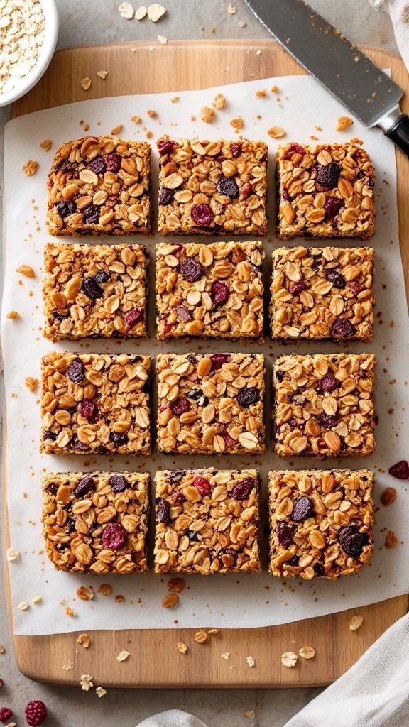 Homemade granola bars cut into squares, topped with dried fruits and oats.
