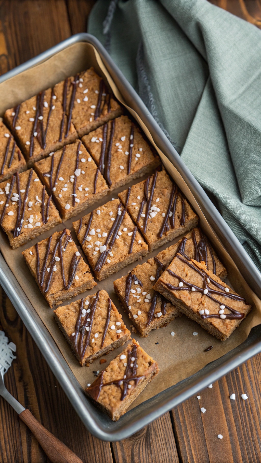 Homemade protein bars cut into squares, drizzled with chocolate and sprinkled with sea salt.