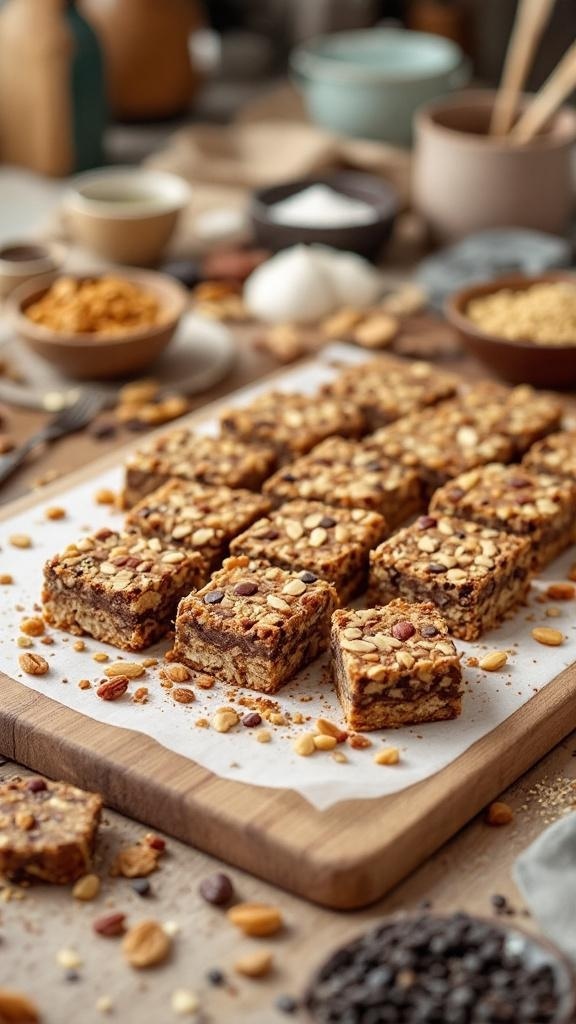 Homemade protein bars topped with nuts and seeds, arranged on a wooden board.