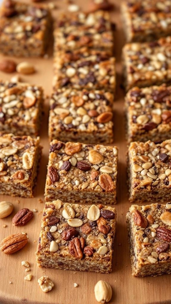 Homemade protein bars with nuts and seeds, cut into squares on a wooden board.