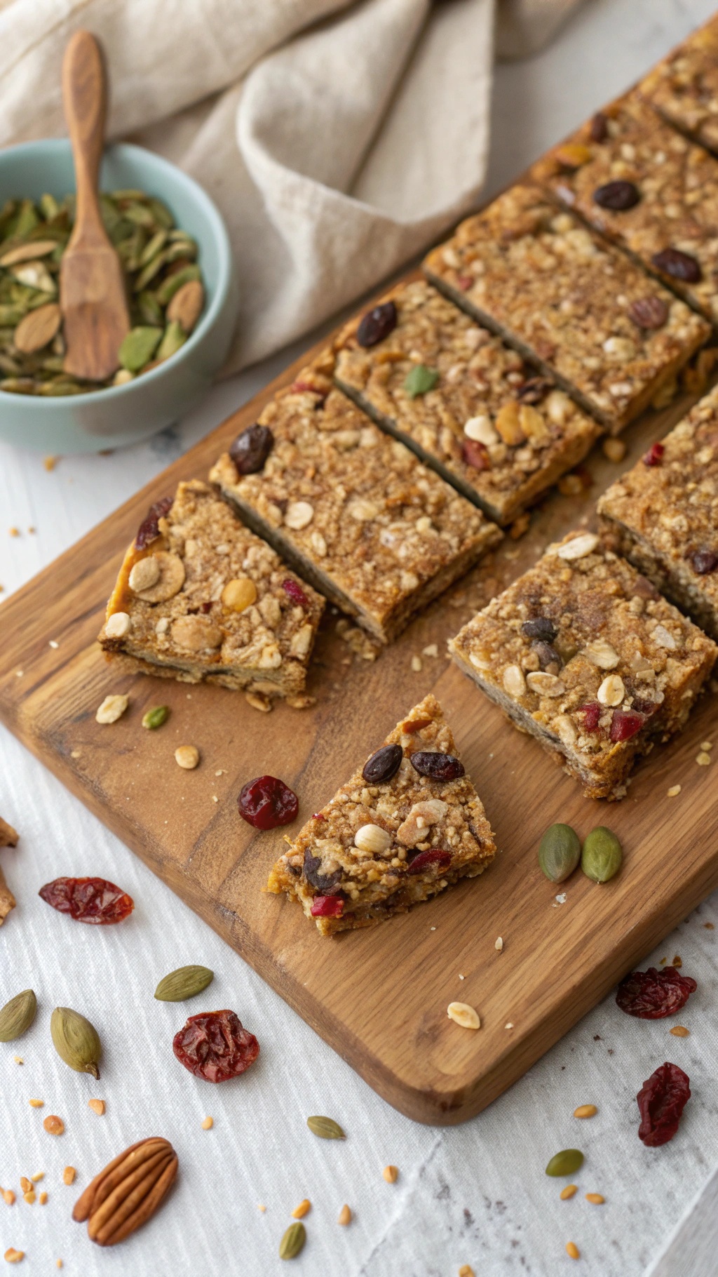 Homemade protein granola bars with nuts and dried fruits on a wooden board.