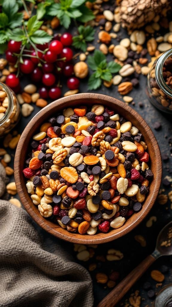 A colorful homemade trail mix with nuts, dried fruits, and chocolate chips in a wooden bowl.