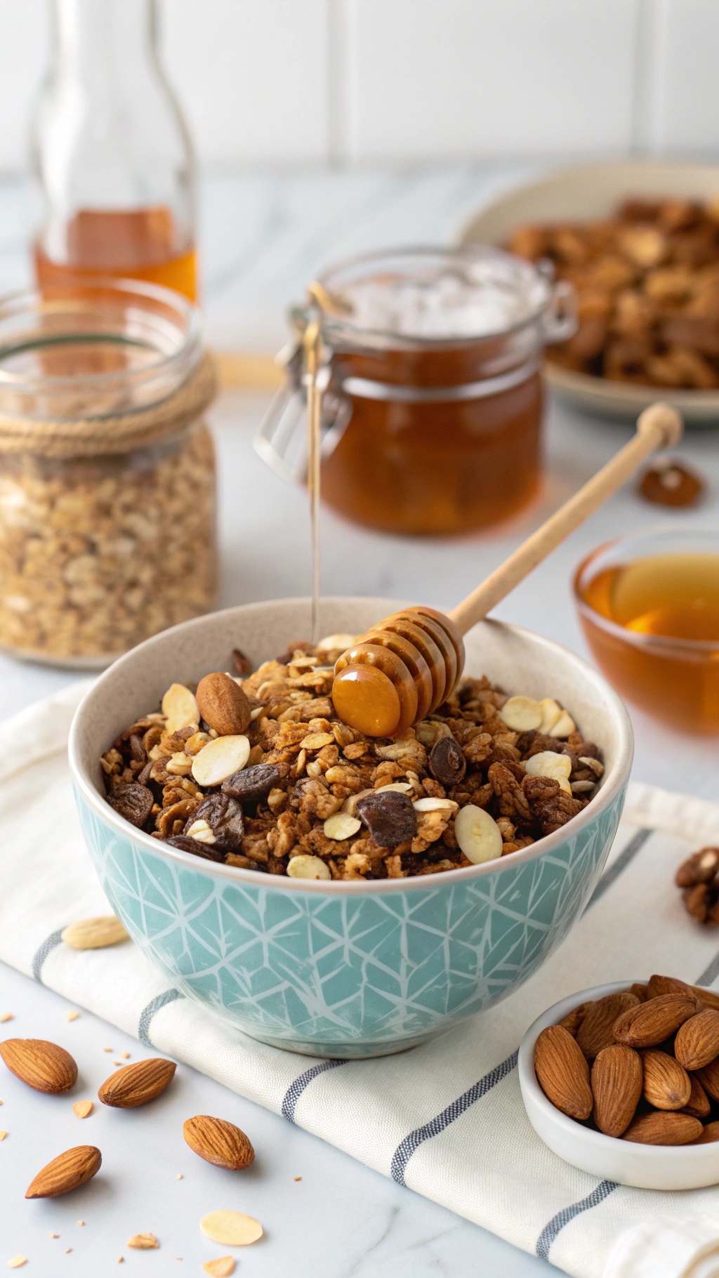 A bowl of Honey Almond Joy Granola topped with honey, surrounded by almonds and jars of honey.