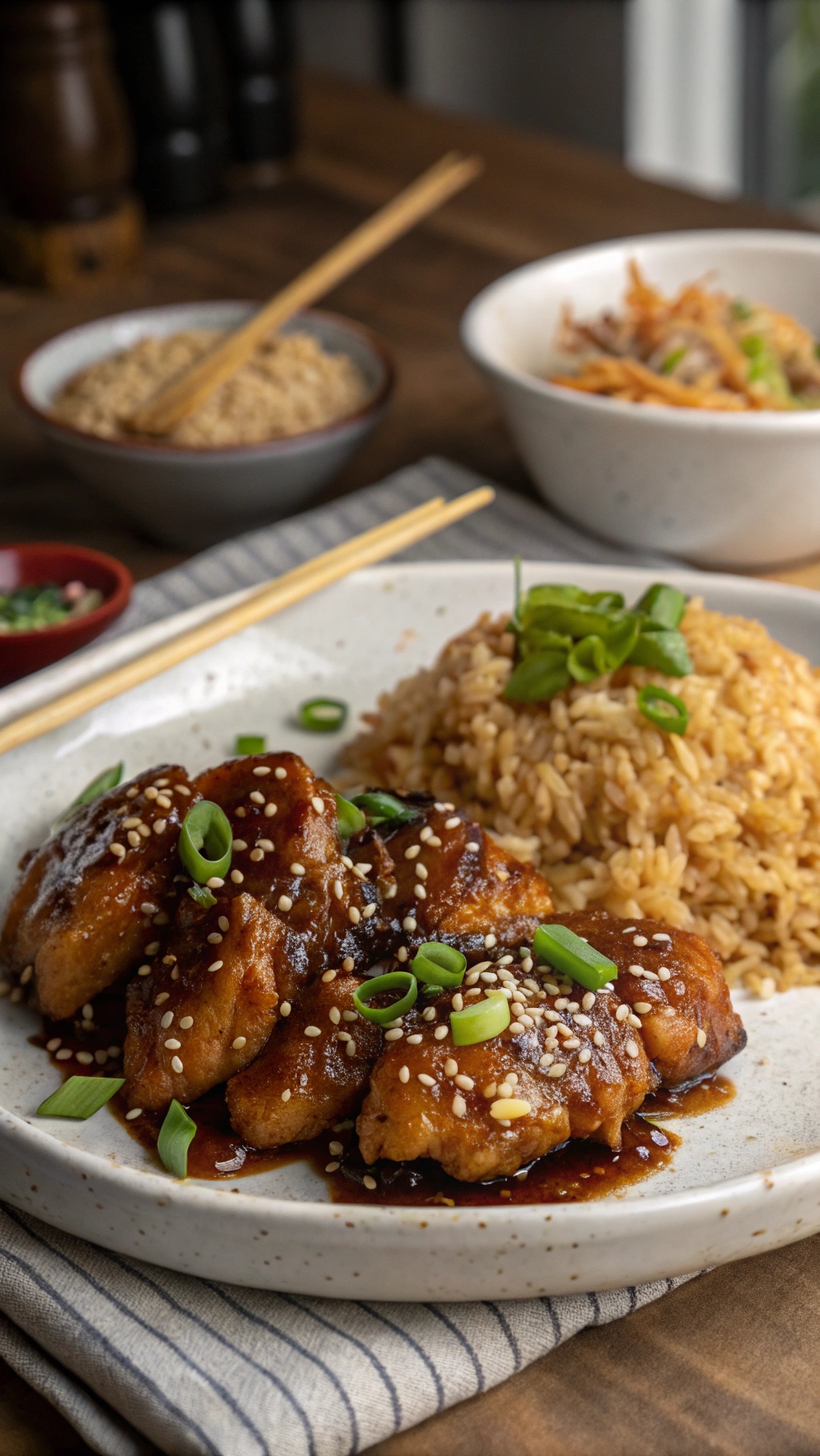 Honey garlic chicken served with rice, garnished with green onions and sesame seeds.