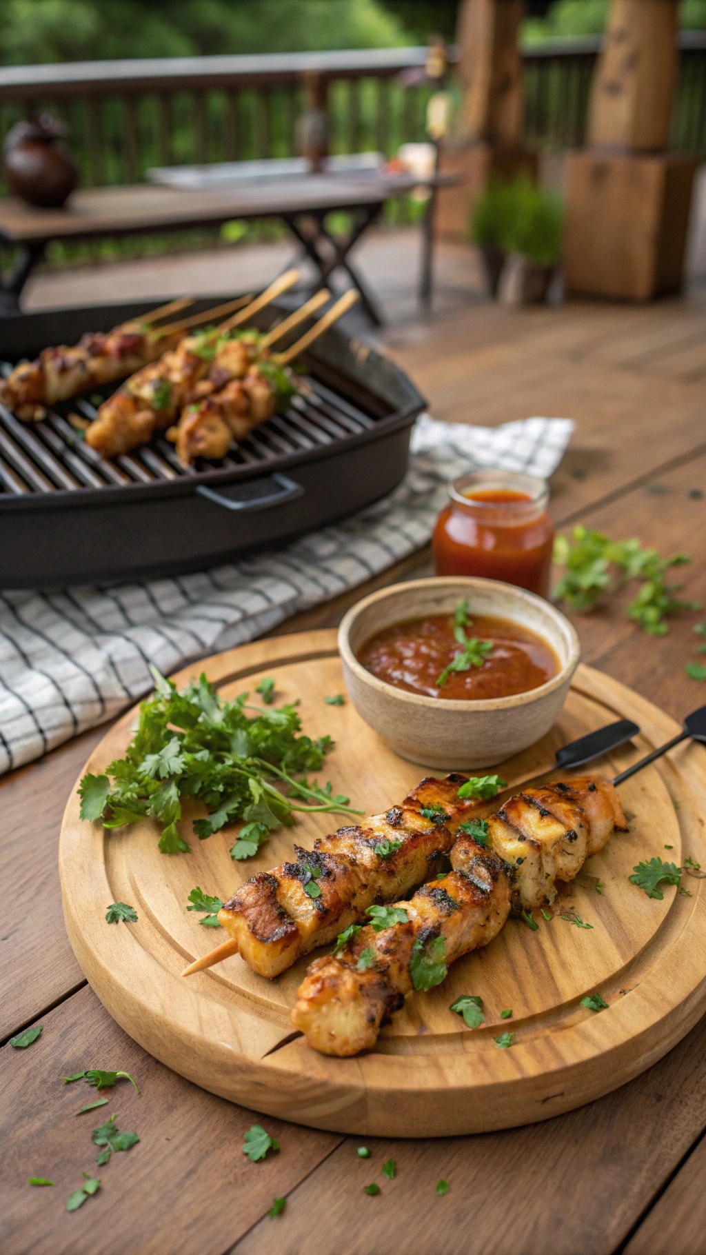 Grilled honey garlic chicken skewers on a wooden plate with cilantro and dipping sauce