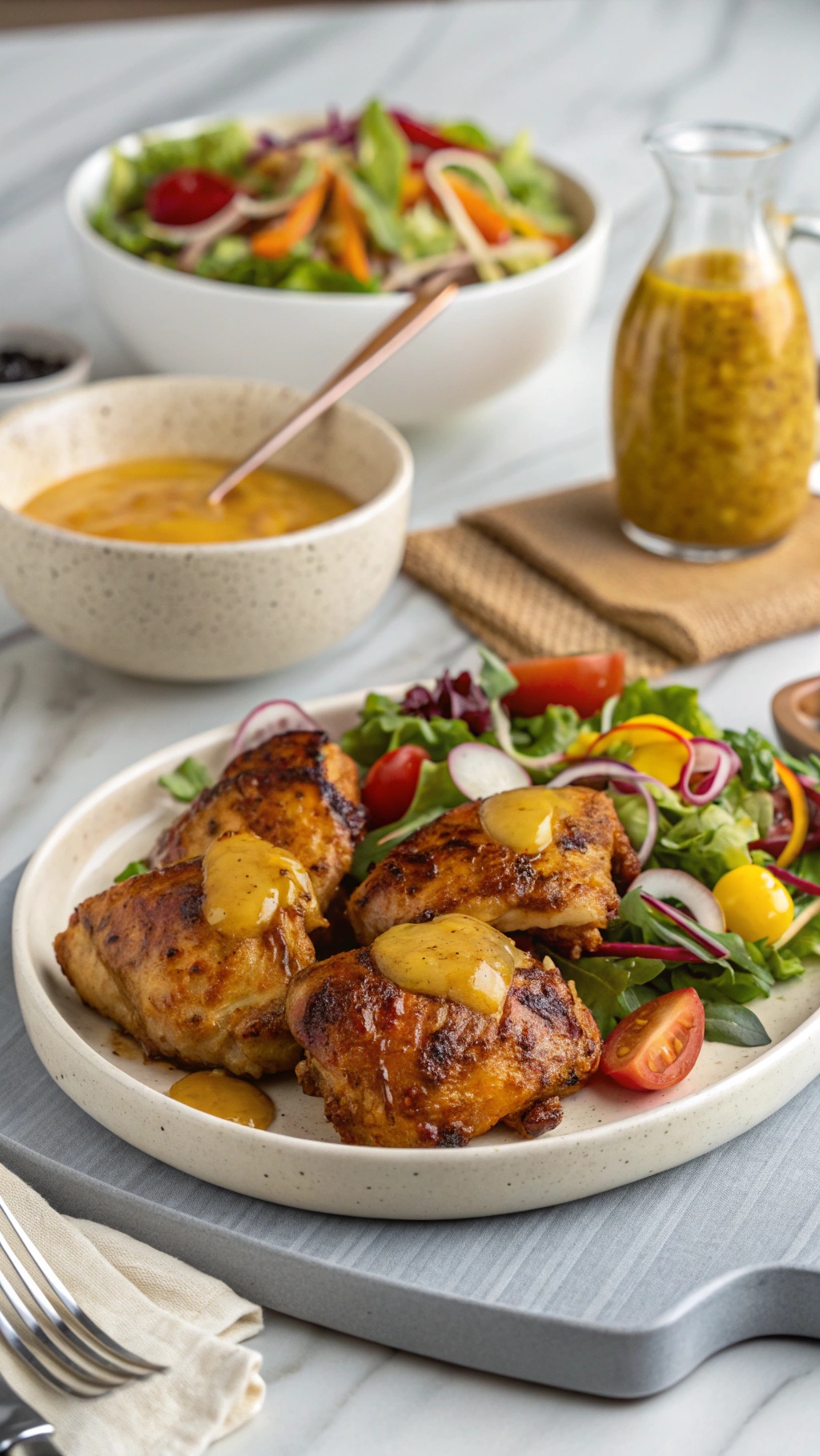 Honey mustard air fryer chicken thighs served with a fresh salad and honey mustard dressing.