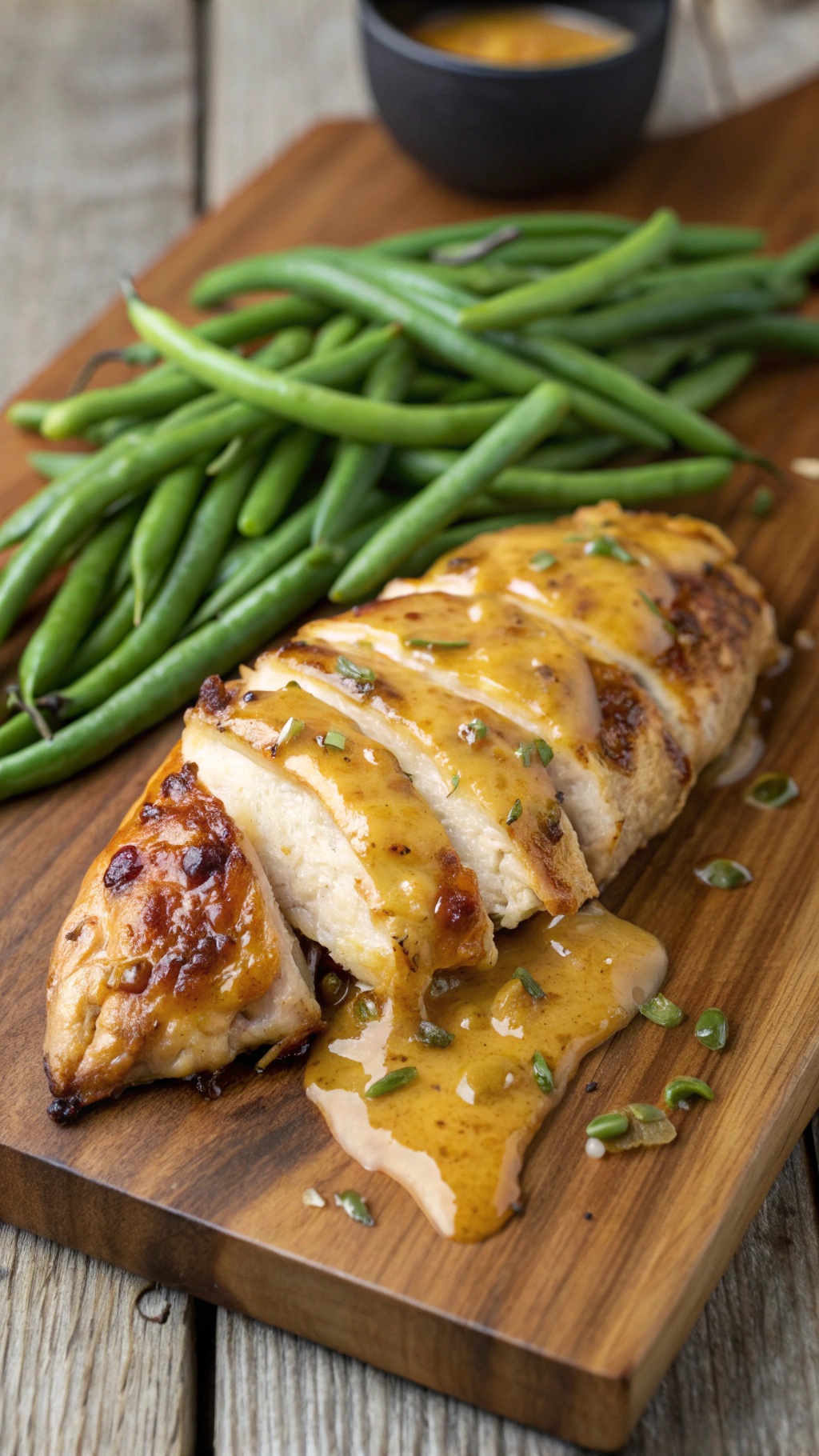 Honey mustard chicken breast with green beans on a wooden cutting board.