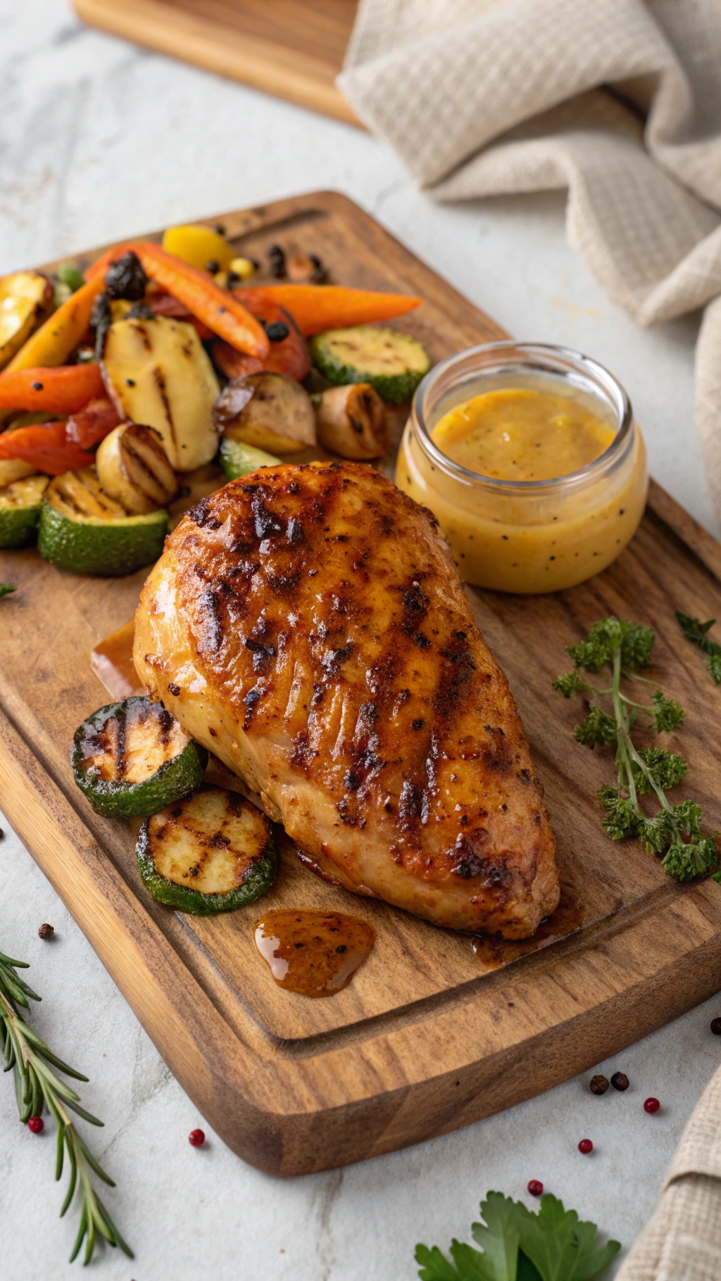 Honey mustard glazed chicken breast served with grilled vegetables on a wooden platter
