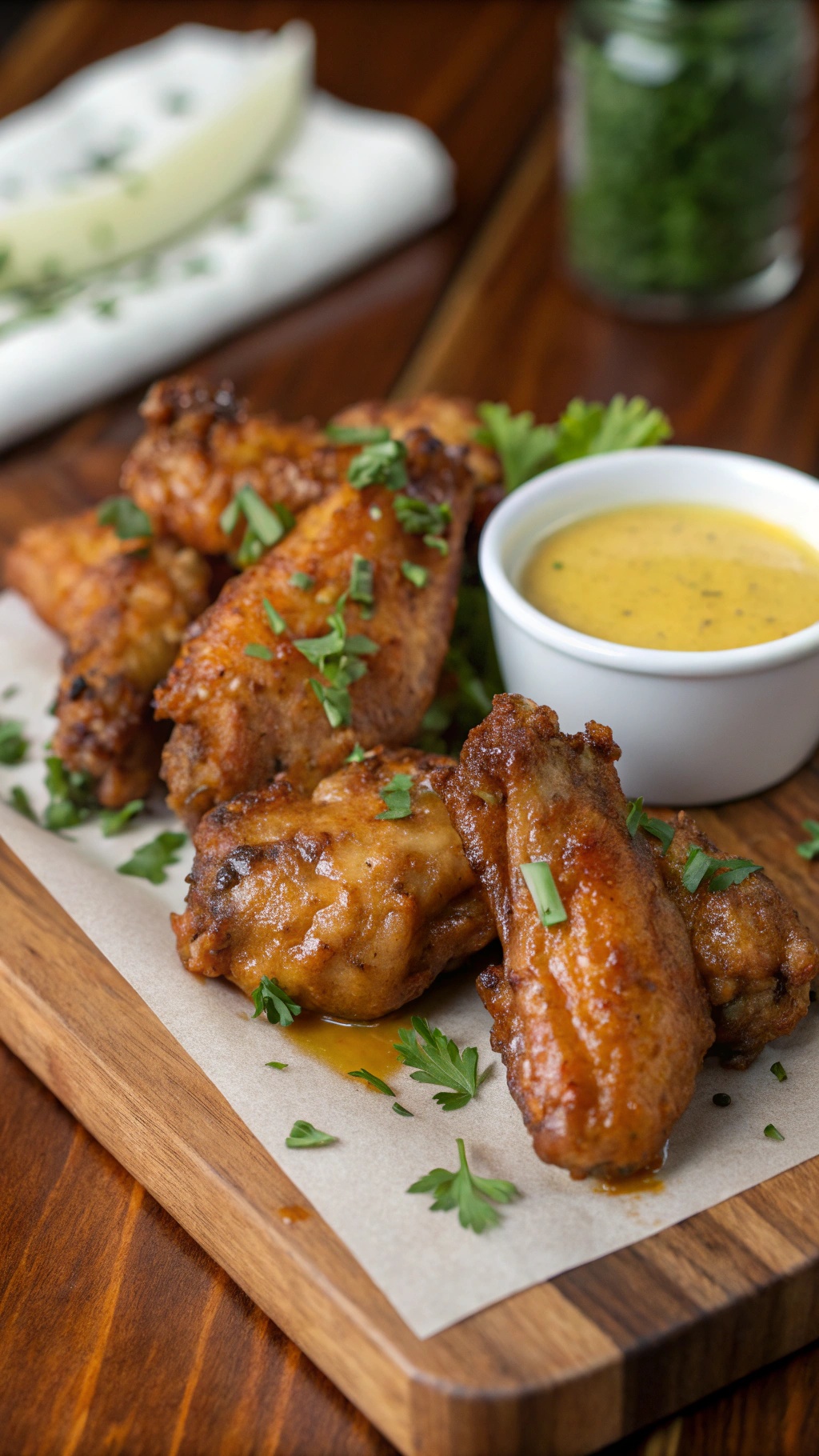 A platter of honey mustard chicken wings garnished with parsley, served with a small bowl of honey mustard sauce.