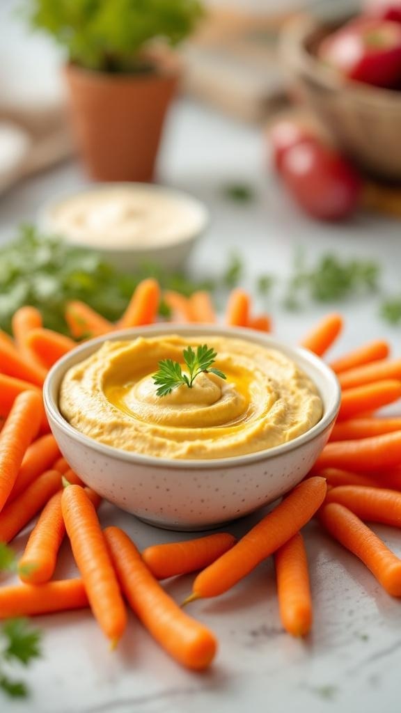 A bowl of creamy hummus surrounded by fresh baby carrots, garnished with a sprig of parsley.