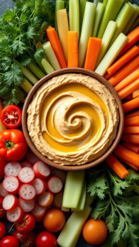 A bowl of hummus surrounded by colorful veggie sticks including carrots, celery, and cherry tomatoes.