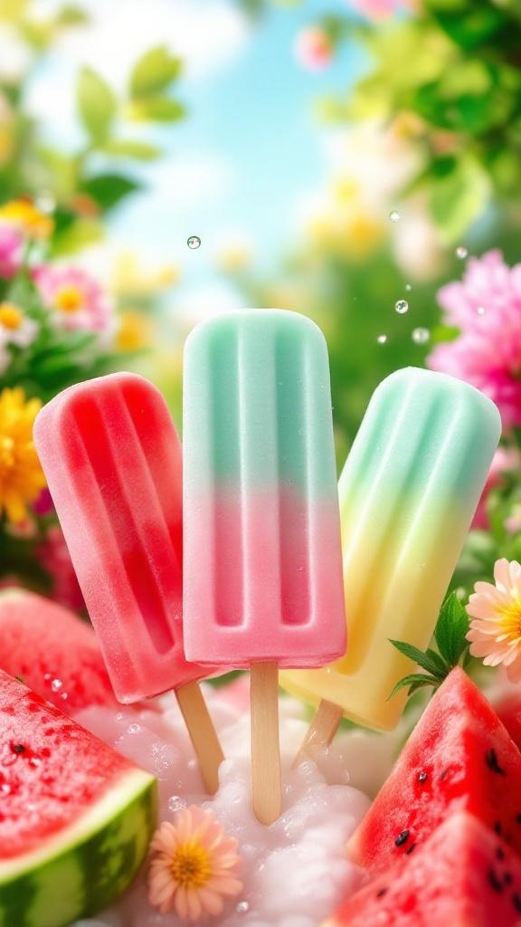 Colorful watermelon popsicles surrounded by fresh watermelon slices and flowers